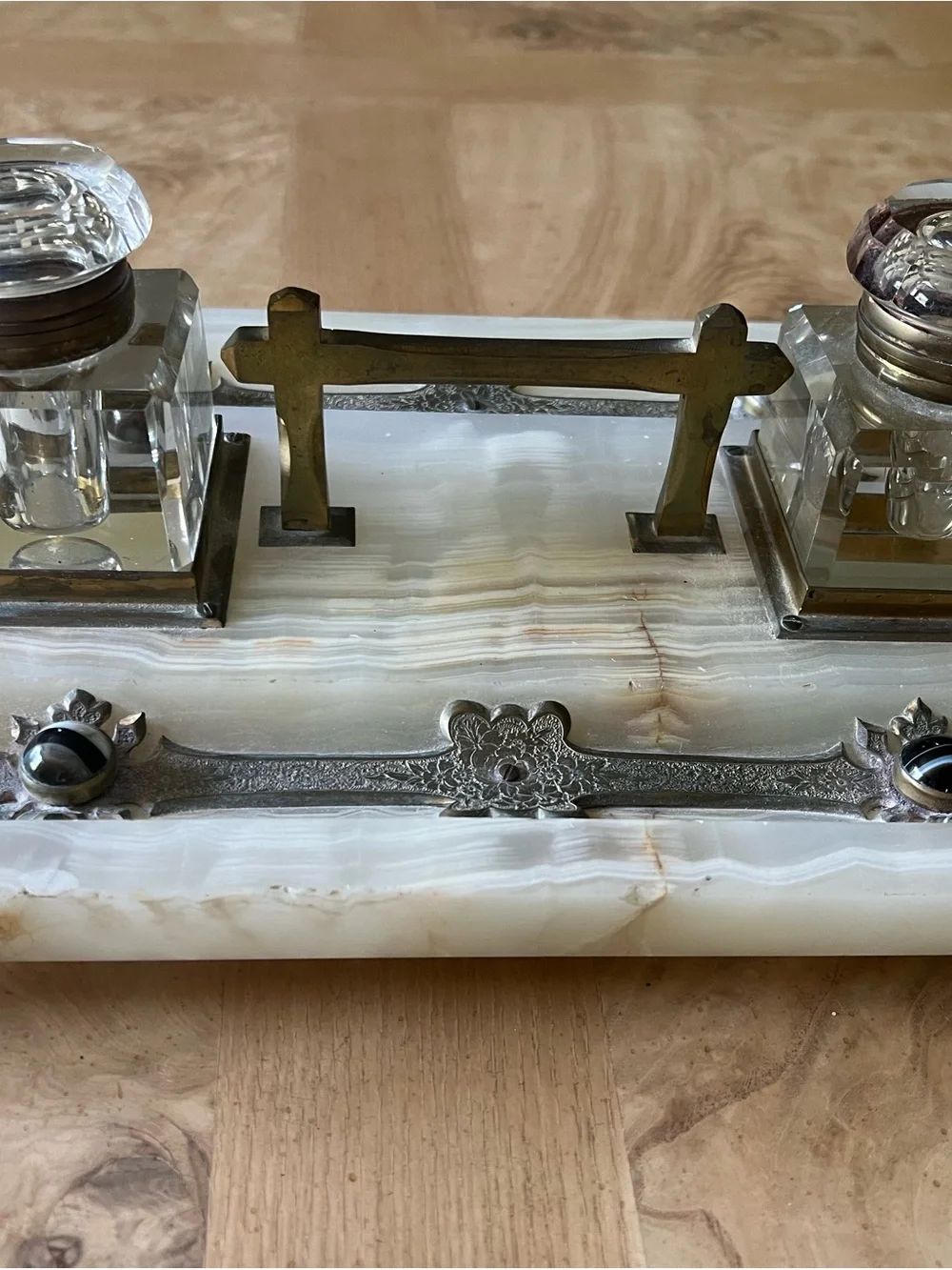 White Onyx Vanity Inkstand with Brass and Silver Accents